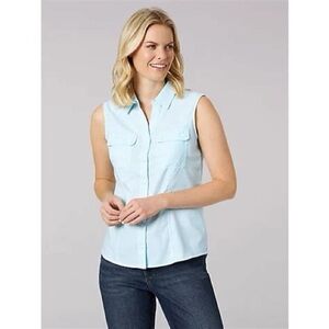 Riders by Lee Easy‑Care Sleeveless Button‑Front Shirt Teal/White Stripe Size M